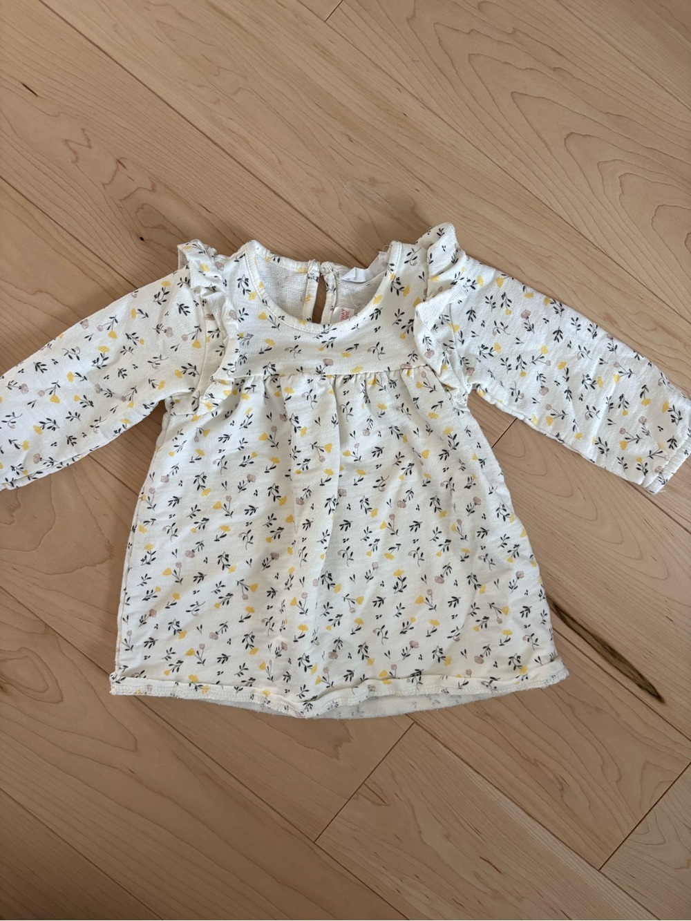Zara White Floral Ruffle Long-Sleeve Dress with Yellow Accents